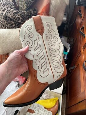 Isabel Marant Tan and Cream Embroidered Western Ankle Boots